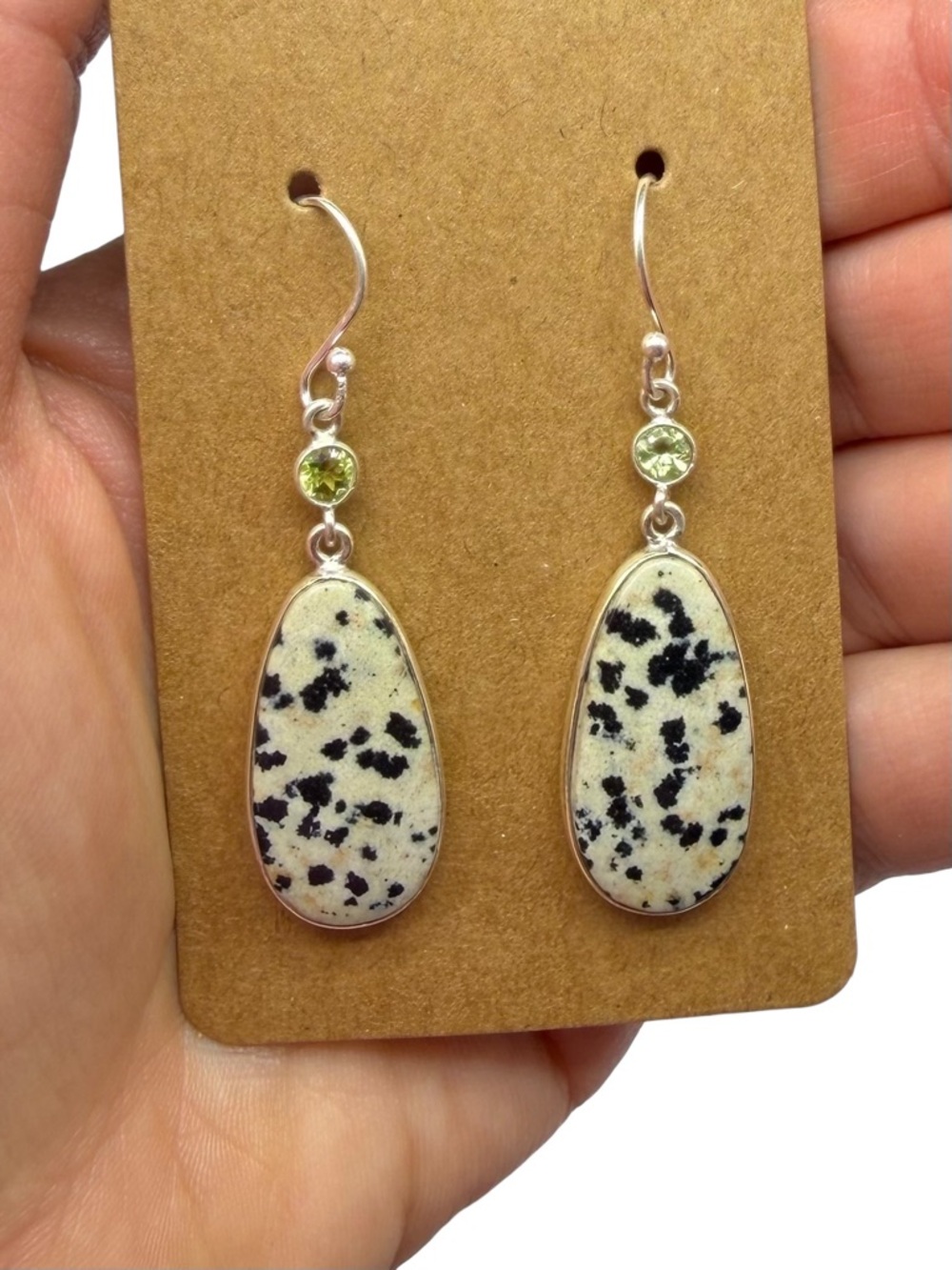Dalmatian Jasper Peridot Earrings Solid 925 Sterling Silver - Picture 3 of 5